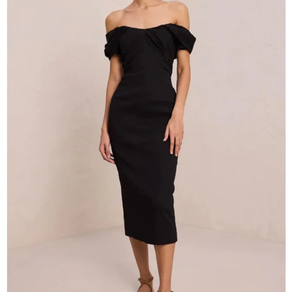 A.L.C Nora off shoulder linen ruffle ruched mid-calf little black dress - Picture 13 of 13